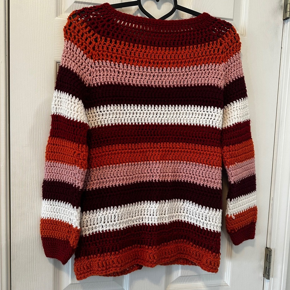 Crochet Cardigan‎ Multicolor Striped Button Front Boho Festival Sweater M - Picture 6 of 8